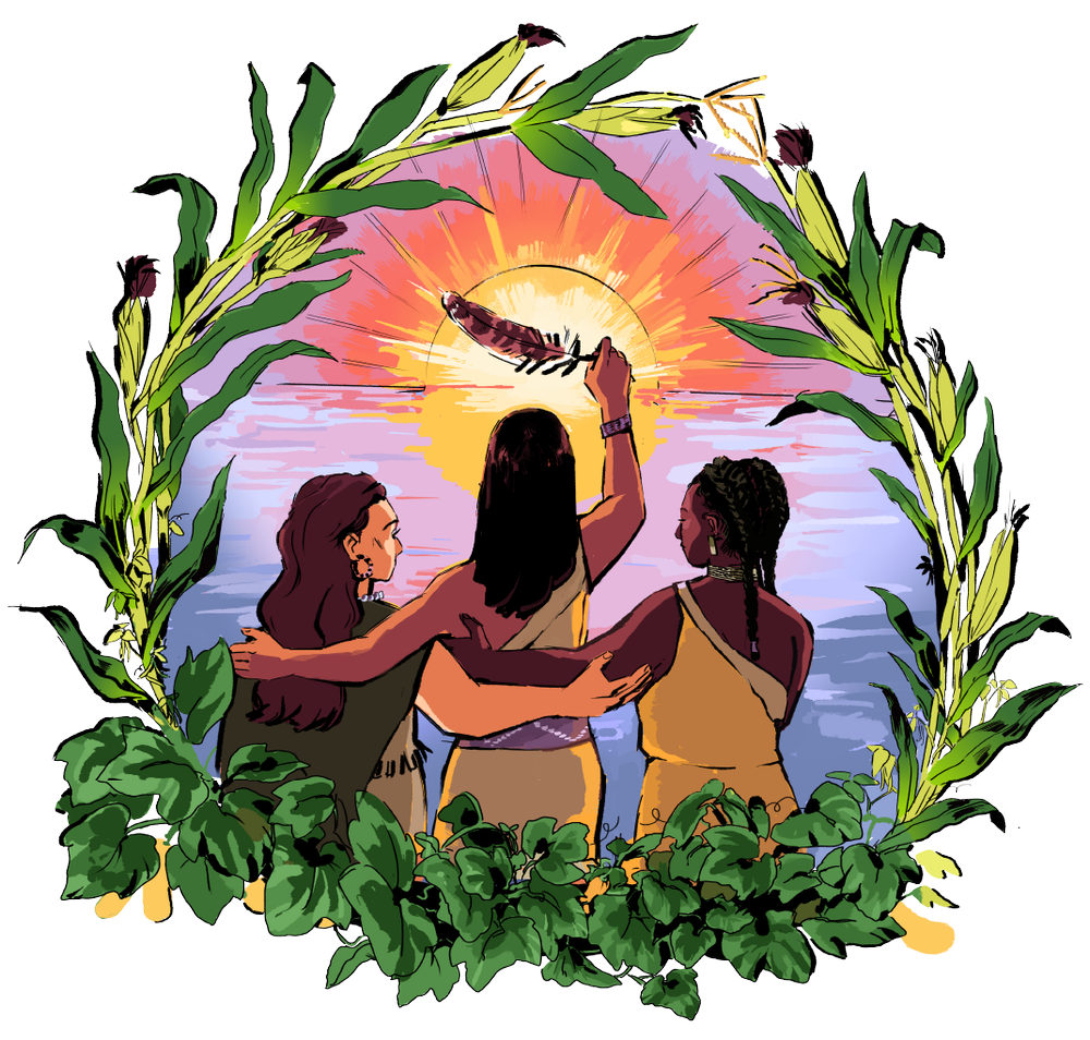 NNNKH-colour-Logo 3 native women arm in arm facing the sun, surrounded by a wreath of corn and vines. the woman in the middle is holding up a feather.